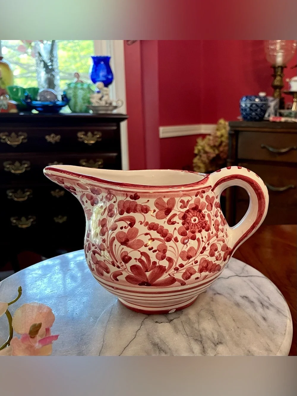 VTG Ceramiche Fidia Deruta Creamer Pitcher Hand Painted Arabesco Red Flower